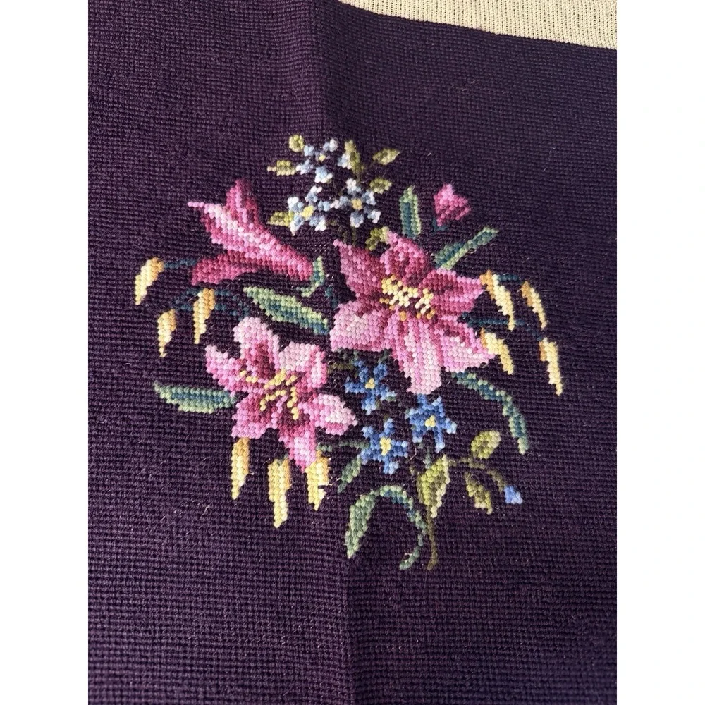 Vintage Completed Floral Lily Needlepoint Canvas Purple Cushion Pillow